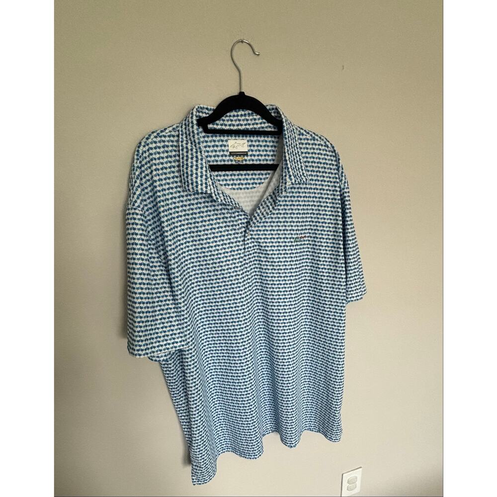 Greg Norman Play Dry Polo Shirt XXL Blue White Shark Print Golf Polo